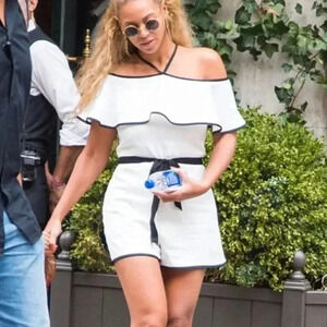 Alexis White Satin Off The Shoulder Romper Black Trim ASO Beyoncé Knowles XS